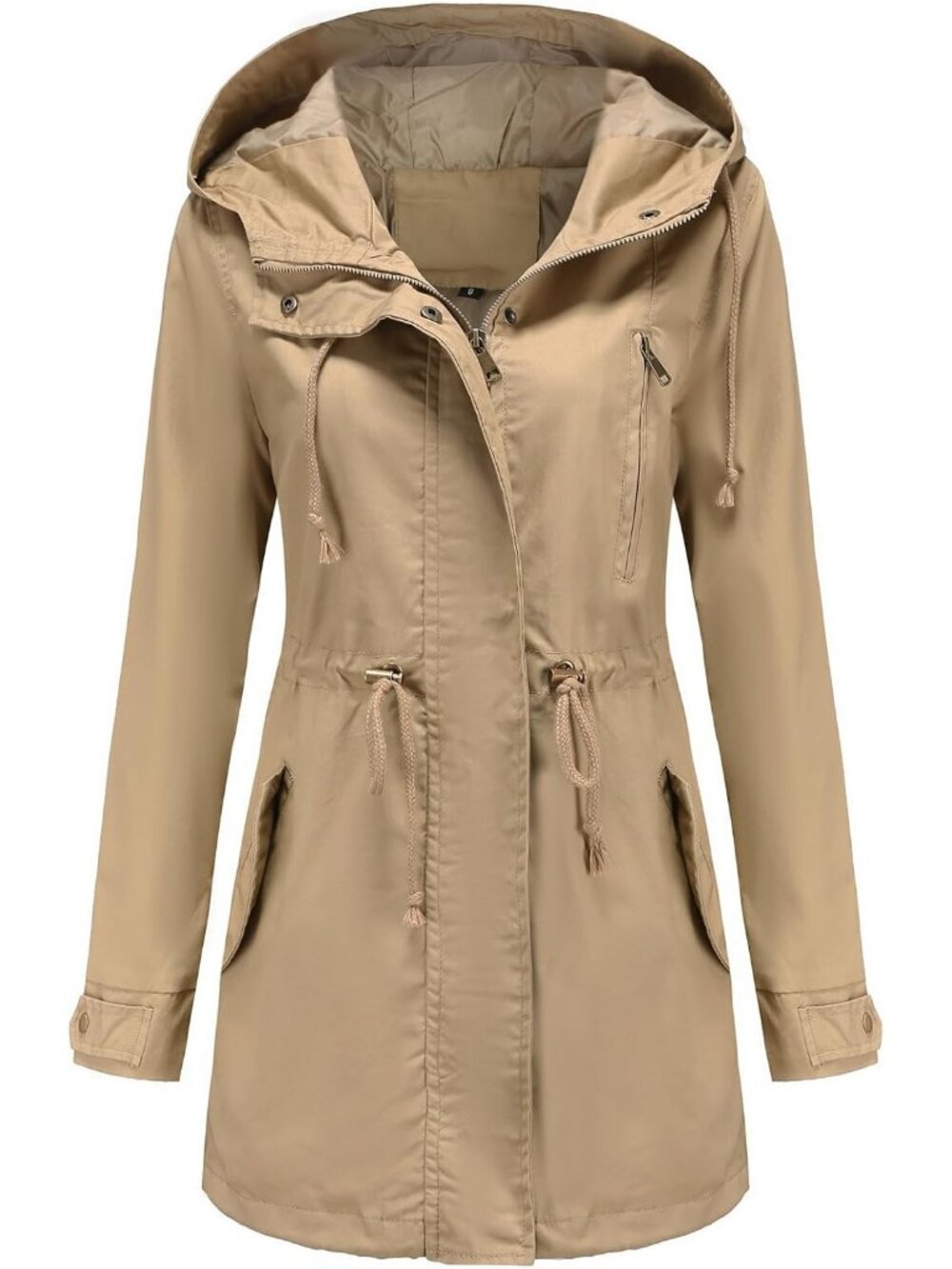 Women's Khaki Lightweight Jackets Anorak Utility Drawstring Waist Hoodie Zip Up